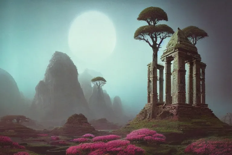 Image similar to photography of a beautiful archipelago of never seen before stunning ancient indian temple. complex intricate pilars patern, runes. trees water and flowers. afternoon light inspiring science fiction, intricate, elegant, uplifting, inspirational, highly detailed by beksinski and simon stalenhag