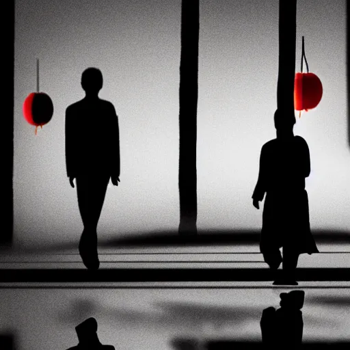 Image similar to night club, a few red chinese lanterns, people's silhouettes, minimalism, asian movies 2 0 0 0 atmosphere