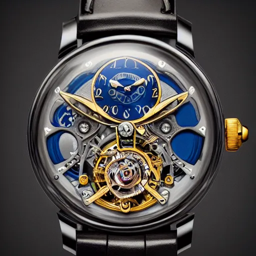 Prompt: a steampunk Jaquet Droz Skelet-One Tourbillon “Only Watch”, highly detailed illustration highlights, gold and silver highlights, neon blue highlights, macro photography, F/2.8, trending on artstation, octane render