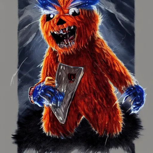 Image similar to scary anime Portrait of horrific Youppi the Habs Montreal Canadiens Mascot as a very dead powerful and violent pokemon, Youppi eating Boston Bruins Bear Logo, lots of blood, highly detailed anime, high evolution, 1990s, haunted shiny legendary, darkness, smooth, sharp focus, dynamic lighting, intricate, trending on ArtStation, stuff of nightmares, illustration pokemon, art by WLOP