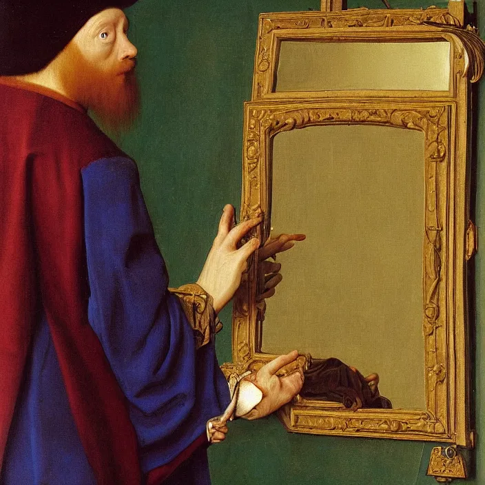 Image similar to blue crab man touching mirror. painting by jan van eyck