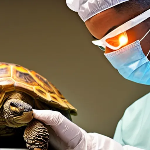 Image similar to doctor examining a tortoise under operating room lights, closeup wide angle