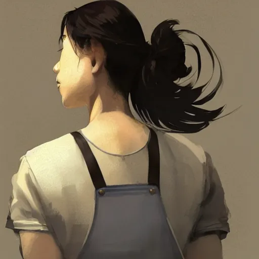 Image similar to portrait of a short muscular Japanese woman with a short ponytail wearing a gray t shirt and a work apron, dramatic lighting, illustration by Greg rutkowski, yoji shinkawa, 4k, digital art, concept art, trending on artstation