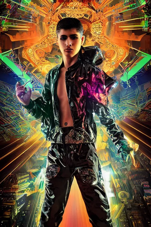 Image similar to full-body bladerunner style sculpture of a young handsome Latino prince as a half cibernetic android running low on battery, alert glowing, laser beam eyes, crown of giant diamonds, flowing neon-colored silk, fabric, raptors. baroque elements. full-length view. baroque element. intricate artwork by caravaggio. many many birds birds on background. Trending on artstation, octane render, cinematic lighting from the right, hyper realism, octane render, 8k, depth of field, 3D