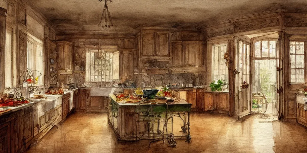 Image similar to a hiper intricate watercolor of a beatiful kitchen, extremely detailed, sharp focus, wide view, smooth, digital illustration, colorfull, by william turner art, by greg rutowski