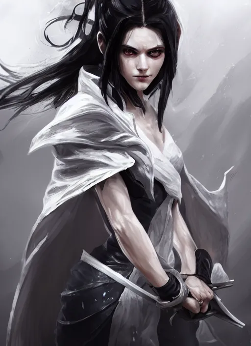 Prompt: a highly detailed illustration of fierce messy ponytail black haired one armed delinquent woman wearing long white coat cape, dramatic wielding sword pose, muscular, intricate, elegant, highly detailed, centered, digital painting, artstation, concept art, smooth, sharp focus, league of legends concept art, wlop.