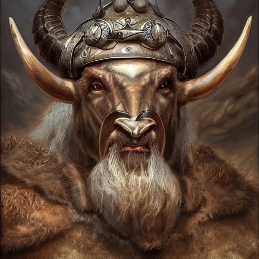 Prompt: digital painting of an minotaur as a viking king by filipe pagliuso and justin gerard, symmetric, fantasy, highly, detailed, realistic, intricate