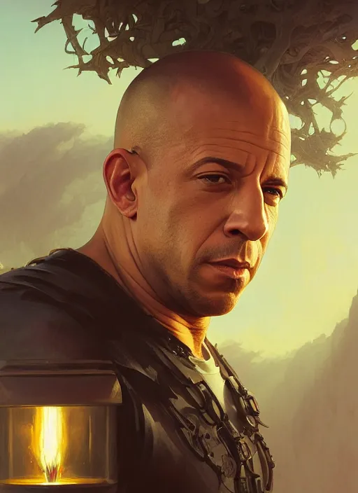 Image similar to Highly detailed portrait of vin diesel, Stephen Bliss, unreal engine, fantasy art by Greg Rutkowski, Loish, Rhads, ferdinand knab, Makoto Shinkai and Lois van baarle, ilya kuvshinov, rossdraws, Tom Bagshaw, alphonse mucha, global illumination, radiant light, detailed and intricate environment