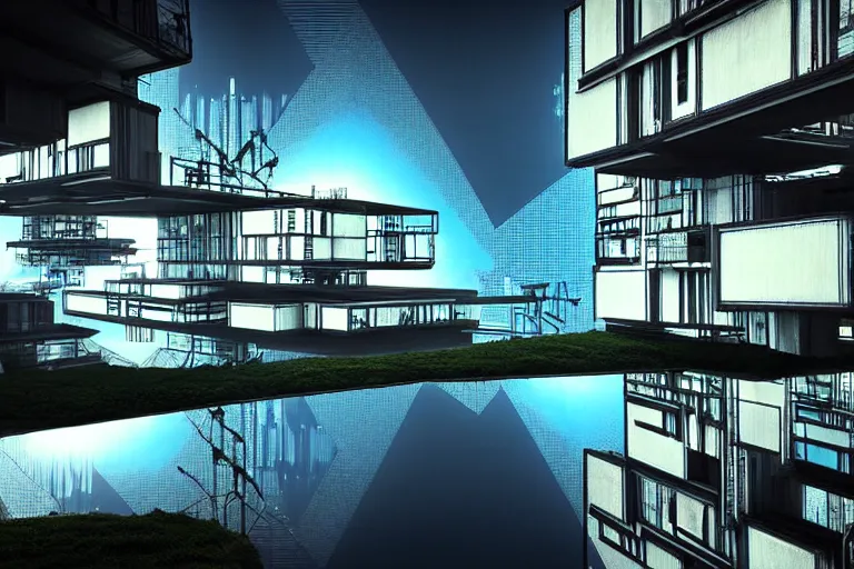 Image similar to distorted cyberpunk house in the lake, artwork by bauhaus, by benoit b. mandelbrot, by bjarke ingels, uhd, 3 d ar vr art, metaverse concept art