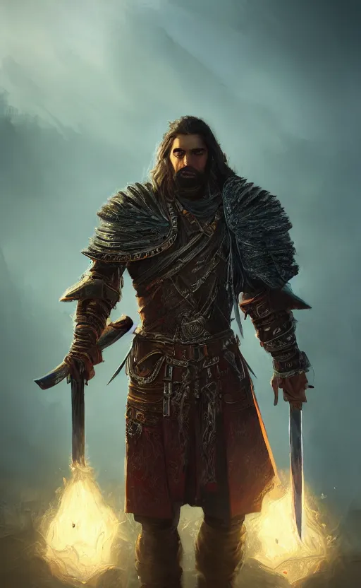 Image similar to an oil art portrait of young handsome pale roma, grim dark warrior from gwent cards, gipsy blood mage with great sword character design from inquisition, 4 k, ultra detail, volumetric lighting, unreal engine, octane render