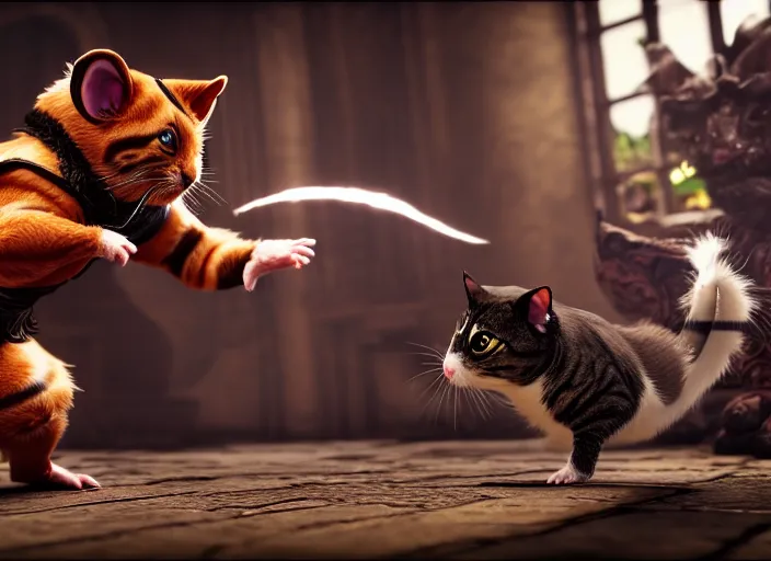 Image similar to hamster fights a cat in mortal kombat on the background of a laughing shao khan. fantasy magic style. highly detailed 8 k. intricate. lifelike. soft light. sony a 7 r iv 5 5 mm. unreal engine with nanite and path tracing