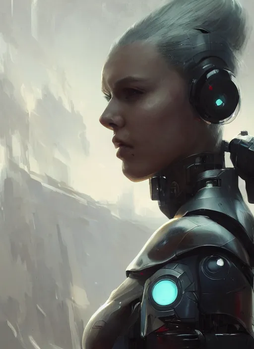 Image similar to A portrait of a female cyborg by Greg Rutkowski, Sung Choi, Mitchell Mohrhauser, Maciej Kuciara, Johnson Ting, Maxim Verehin, Peter Konig, final fantasy, 8k photorealistic, cinematic lighting, HD, high details, dramatic, atmospheric , trending on artstation