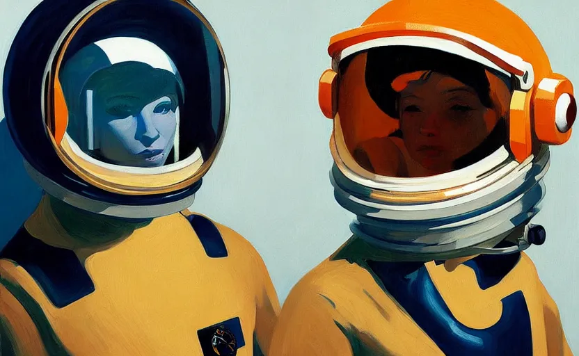 Prompt: Portrait of a woman astronaut with helmet and latex suit, very coherent, painted by Edward Hopper, painted by James Gilleard, airbrush, art by JamesJean