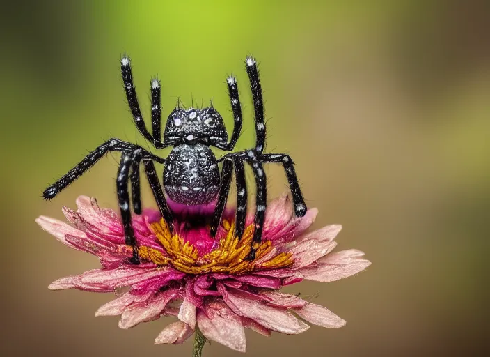 Prompt: super macro of a diamond spider with big eyes sitting on a flower, in the forest. fantasy magic style. highly detailed 8 k. intricate. nikon d 8 5 0 3 0 0 mm. award winning photography.