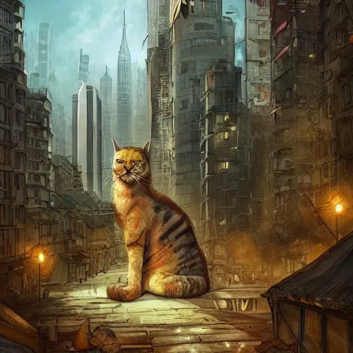 Image similar to gigantic cat walking on apocalyptic city, very detailed fine art, trend of artistation, style of jazinski and repin