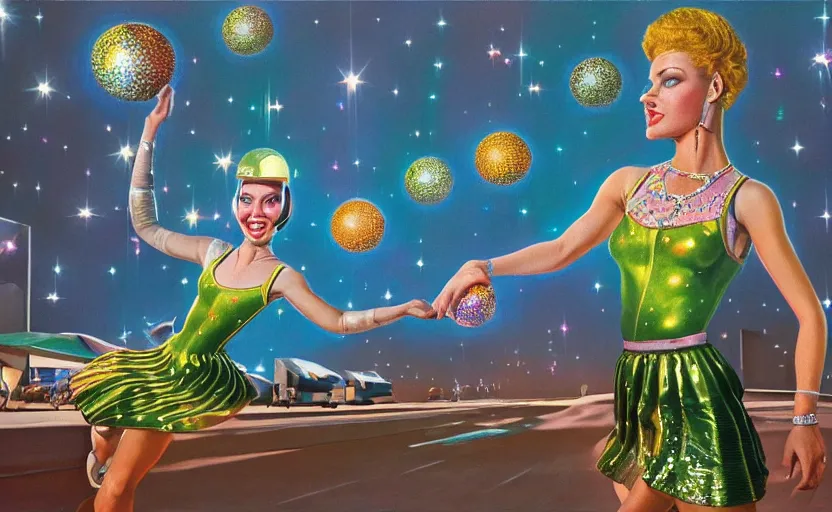 Prompt: Ultradetailed, hyperrealistic, a vintage roller skating diva wearing a disco ball skirt mirror tanktop with a disco ball head, by Vladimir kush, by josib csoor, by Laurie Lipton, rendered in octane, volumetric lighting, retro color scheme, trending on artstation -20