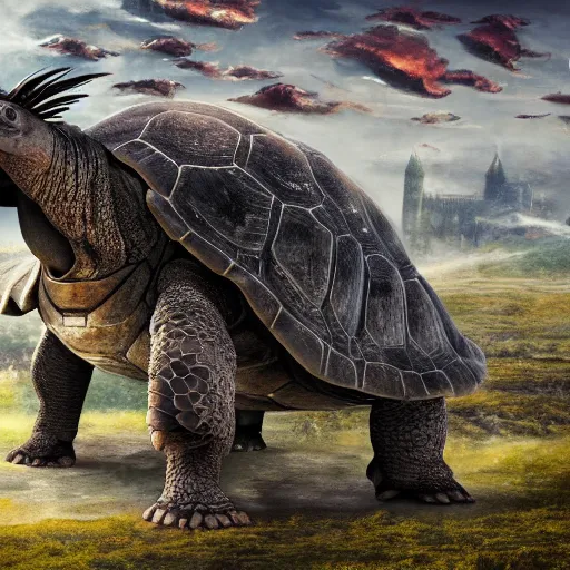 Image similar to giant tortoise walking with a large fantasy castle armor, distant shot birds eye view, fantasy, hyper detailed, 4 k, howls moving castle, mortal engines,