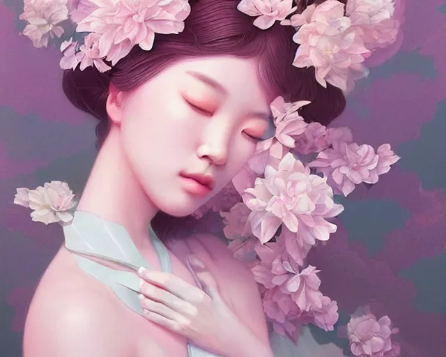 Image similar to highly detailed pastel colors of an ethereal asian beauty morphing gradually into flowers, by artgerm and hsiao - ron cheng, smooth composition, fine patterns and detail