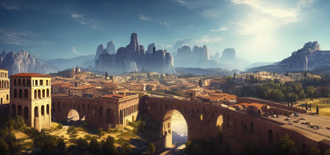 Image similar to epic view of giant roman aqueduct over beautiful italian city, clear blue skies, mountains and hills in the far background distance, unreal engine, dramatic lighting, detailed, ambient occlusion, global illumination, god rays, 3 d artstation render by greg rutowski and jessica rossier