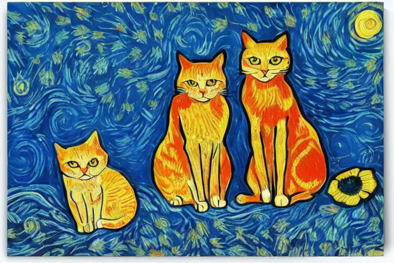 Image similar to beautiful art illustration of a group of cats by laurel burch and van gogh, oil painting, highly detailed