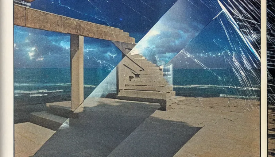 Prompt: A 1985 vintage magazine architecture photo of stairs, mediterranean architecture, refracted lines and sparkles, thunderstorm outside, beach on the background major arcana sky and occult symbols, hyperrealistic, award-winning, 1985