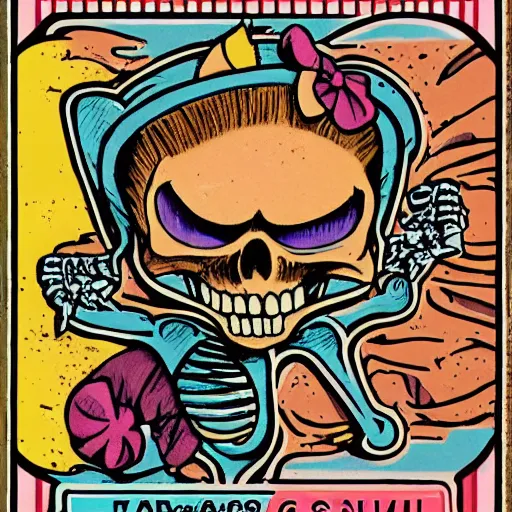 Prompt: garbage pail kids card of a skeleton on the beach wearing a bikini