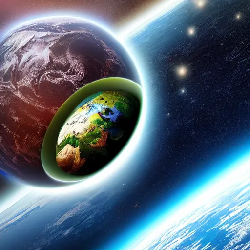 Prompt: Monster holding earth in space, view from above,