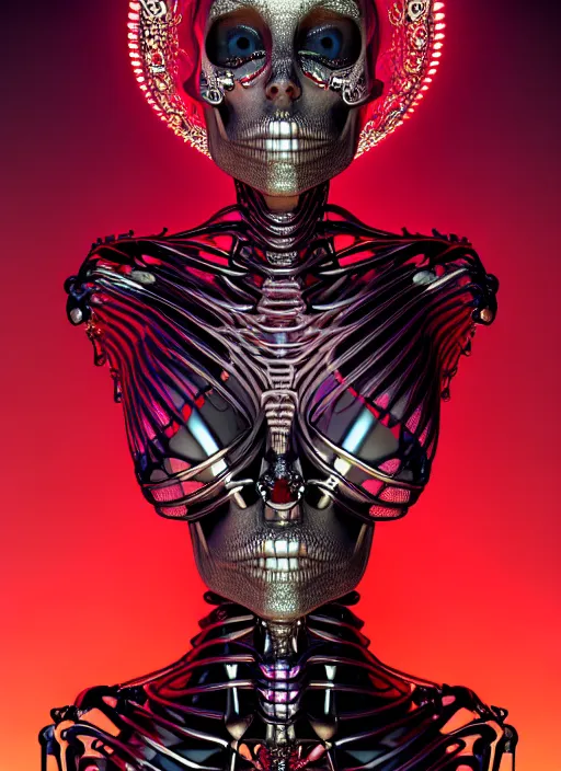 Image similar to portrait of an absurdly beautiful, graceful, sophisticated, fashionable futuristic female skeleton with sections of skin showing, glowing internal light, hyperdetailed illustration by irakli nadar and alexandre ferra, intricate linework, faberge, intricate chrome headdress, dark atmosphere, glowing red eyes, unreal engine 5 highly rendered, global illumination, radiant light, detailed and intricate environment