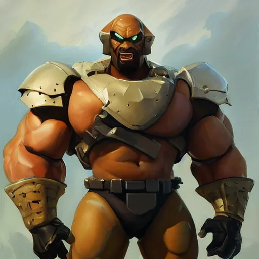 Image similar to greg manchess portrait painting of fully armored the foundation aka dwayne the rock from fortnite as overwatch character, medium shot, asymmetrical, profile picture, organic painting, sunny day, matte painting, bold shapes, hard edges, street art, trending on artstation, by huang guangjian, gil elvgren, ruan jia, greg rutkowski, gaston bussiere