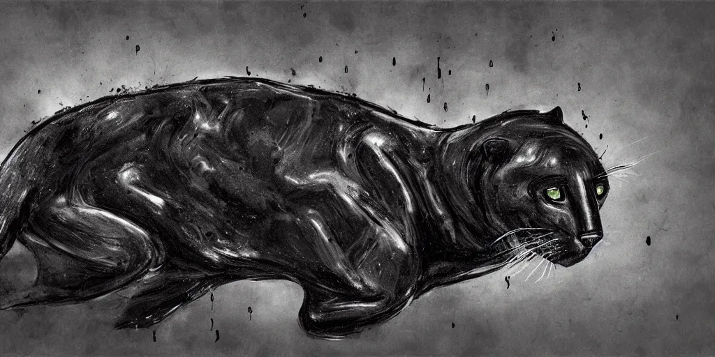 Image similar to a panther, made of tar, in a suburban backyard, dripping tar. concept art, reflections, black goo, animal drawing