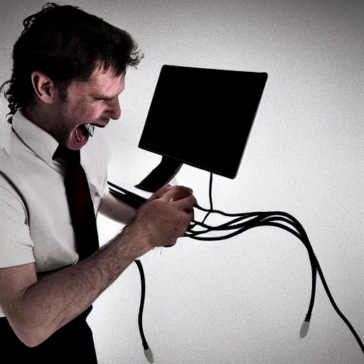 Prompt: photograph. crazed man desperately clinging to his computer's power supply unit.