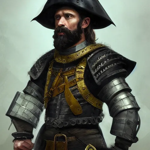 Image similar to Closeup of frustrated male medieval sergeant with a {short} beard wearing a {black!!!! and yellow tabard} over a steel breastplate and a black gambeson looking up from a map on a table, intricate, dramatic lighting illustration by Greg Rutkowski, {perfect face}, {perfect eyes}, ArtStation, digital art, fantasy