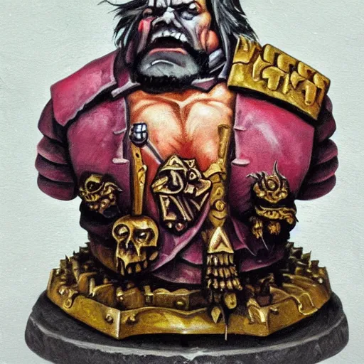 Image similar to chaos dwarf smith in the style of warhammer fantasy : : head and torso oil painting