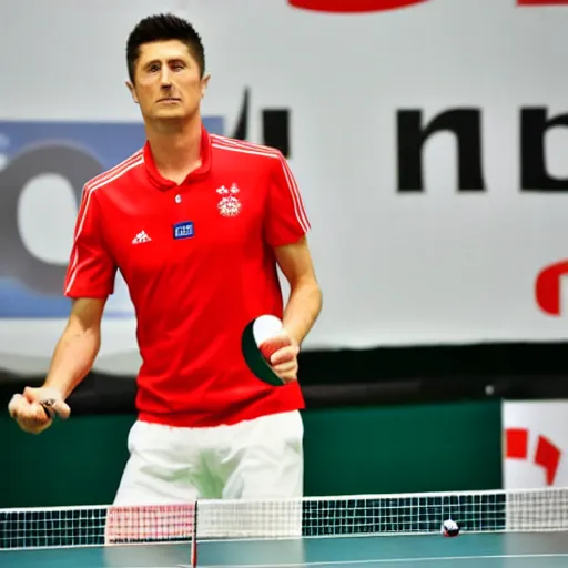 Prompt: Robert Lewandowski playing table tennis on a tournament, high quality news photography