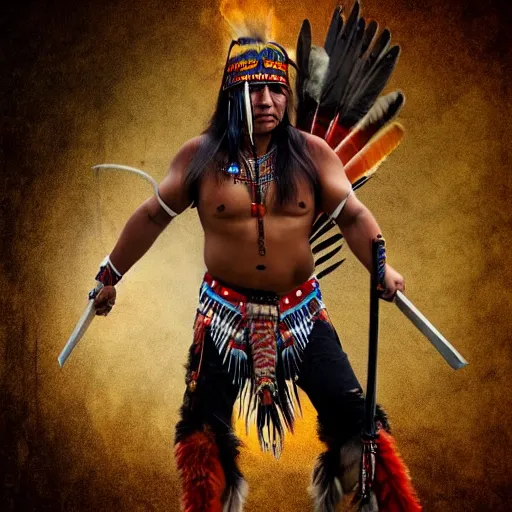 Prompt: handsome Native American man wears warrior regalia and headdress, wielding a tomahawk, fiery background, digital art, stunning, 4k