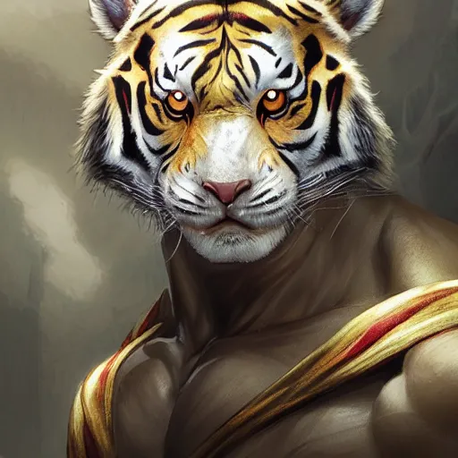 Image similar to a esthetic portrait commission of a muscular antrho albino tiger wearing the superman outfit,hyperdetailed face,character design by charlie bowater,ross tran,artgerm,makoto shibkai,photorealistic,western comic book art,film poster,deviantart,artstation