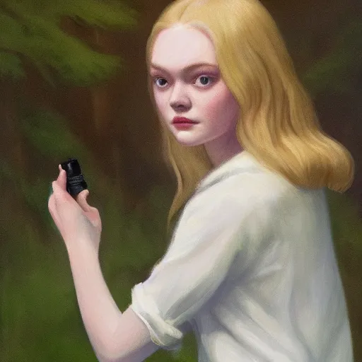 Image similar to Painting of Elle Fanning lost in the dark woods with a flashlight, long blonde hair, delicate, pale milky white porcelain skin, by Edward Hopper. 8K. Extremely detailed.