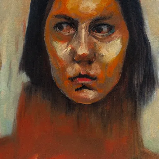 Image similar to scared woman staring up, oil painting, oil in canvas, brushstrokes