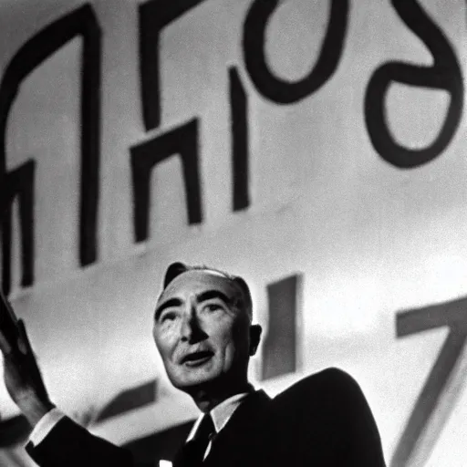 Prompt: color photo of robert oppenheimer giving ted talk