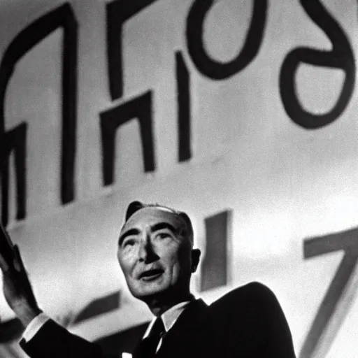 Image similar to color photo of robert oppenheimer giving ted talk