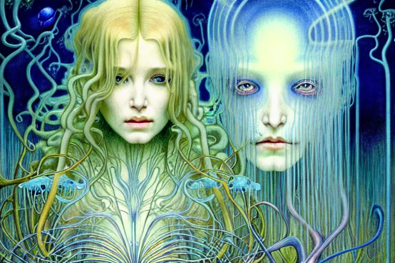 Prompt: realistic detailed portrait painting of a beautiful ghost woman with blond hair with an alien, futuristic sci-fi forest on background by Jean Delville, Amano, Yves Tanguy, Alphonse Mucha, Ernst Haeckel, Edward Robert Hughes, Roger Dean, rich moody colours, blue eyes