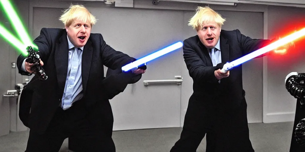 Image similar to boris johnson in a intense light saber battle with darf vader