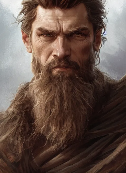 Image similar to portrait of a ruggedly handsome cleric, soft hair, muscular, half body, leather, hairy, d & d, fantasy, intricate, elegant, highly detailed, digital painting, artstation, concept art, smooth, sharp focus, illustration, art by artgerm and greg rutkowski and alphonse mucha