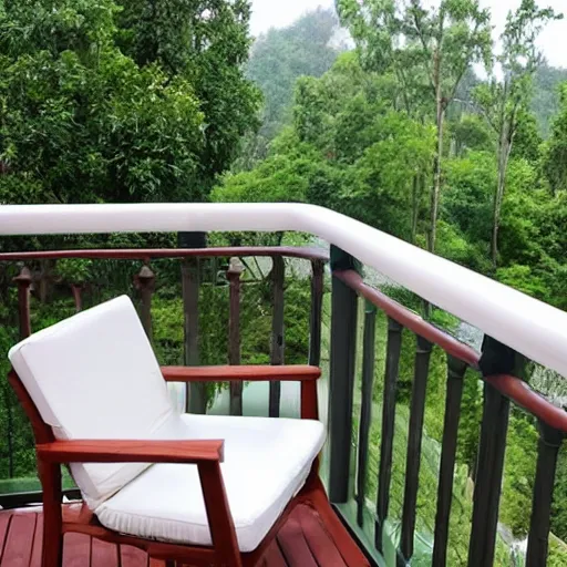 Prompt: morning coffee balcony rain peaceful relaxing