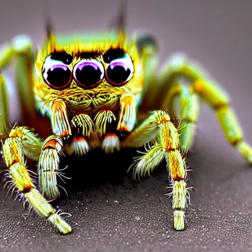 Image similar to a jumping spider using computer small keyboard, by pixar, macro lens, iridescent, montage