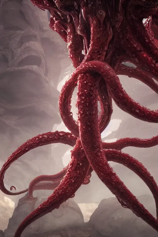 Image similar to giant ancient alien tentacles artwork by yoshitaka amano, red and white, detailed background, extremely detailed, octane rendering, sharp focus, volumetric light, particles, unreal engine 5, rtx