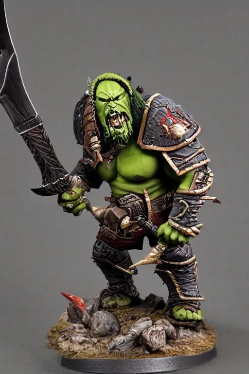 Image similar to a huge orc swinging a battle axe, in the style of world of warcraft. detailed painted Games Workshop miniature, studio lighting