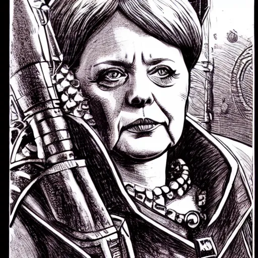 Prompt: a beautifully detailed warhammer 4 0 k portrait of angela merkel. pen and ink by moebius.