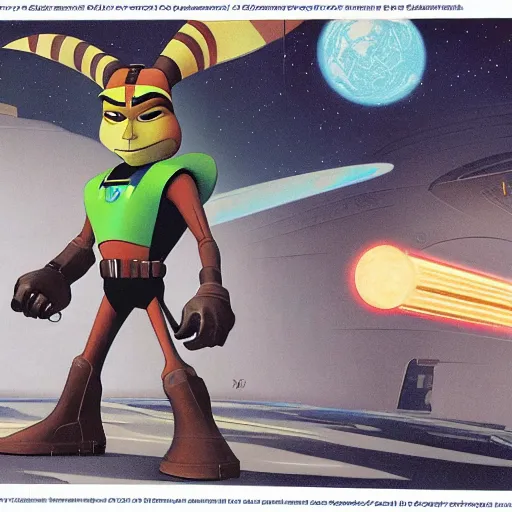 Image similar to ralph mcquarrie concept art for ratchet & clank