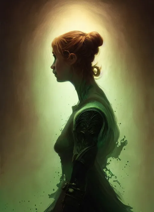 Image similar to side portrait, imogen poots, deathknight, gloomhaven, soft, smooth, luminescent, art nouveau, haunting, pale green backlit glow, evil inky swirly ripples, sickly colors, 8 k, by greg rutkowski, jesper ejsing, rhads, ilya kuvshinov, cushart krenz